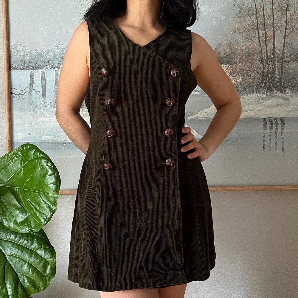 Vintage Corduroy Mini Dress Green Double Breasted Mod 90s Minimalist Italian